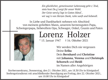 Traueranzeige von Lorenz Holzer von merkurtz