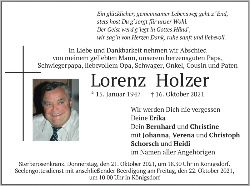  Traueranzeige für Lorenz Holzer vom 20.10.2021 aus merkurtz