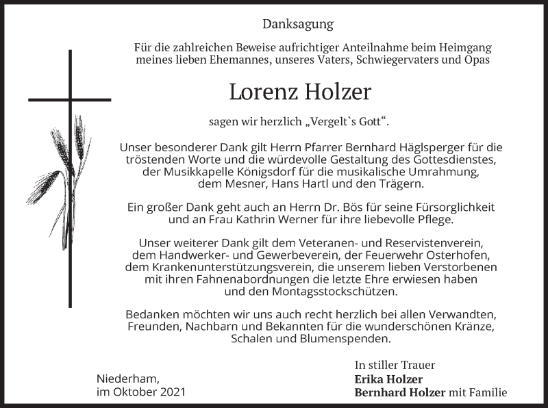  Traueranzeige für Lorenz Holzer vom 30.10.2021 aus merkurtz