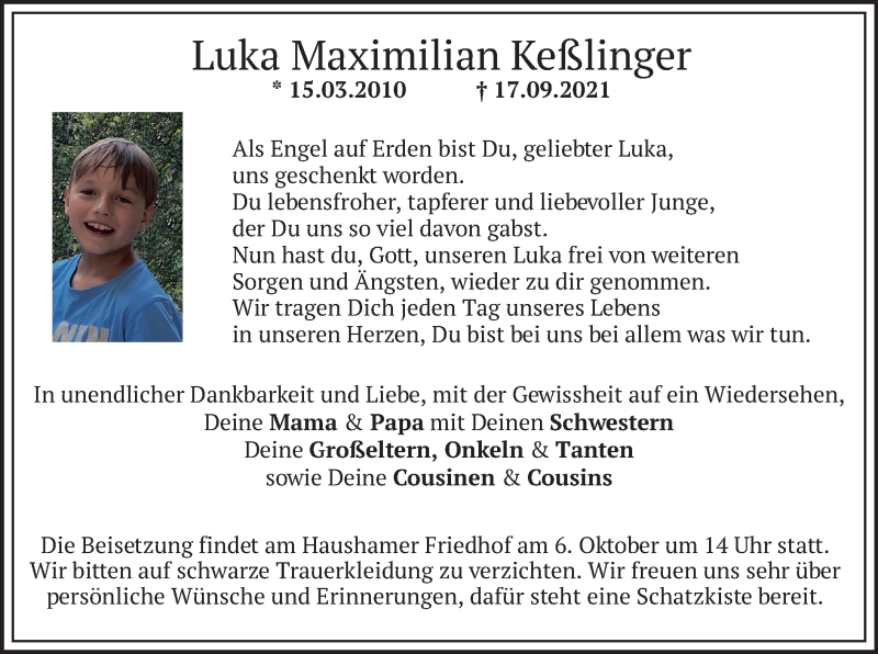  Traueranzeige für Luka Maximilian Keßlinger vom 02.10.2021 aus merkurtz