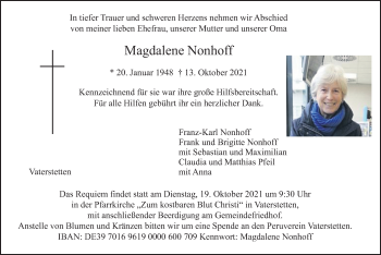 Traueranzeige von Magdalene Nonhoff von merkurtz