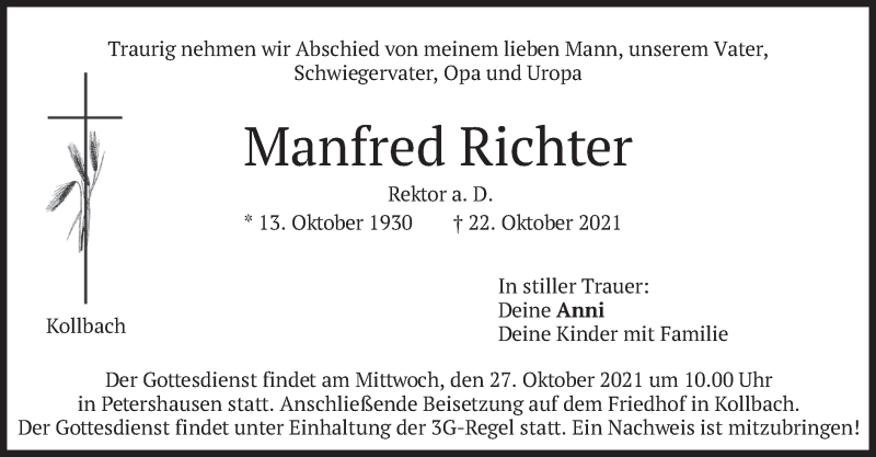  Traueranzeige für Manfred Richter vom 25.10.2021 aus merkurtz