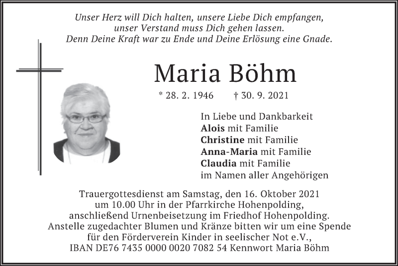  Traueranzeige für Maria Böhm vom 13.10.2021 aus merkurtz