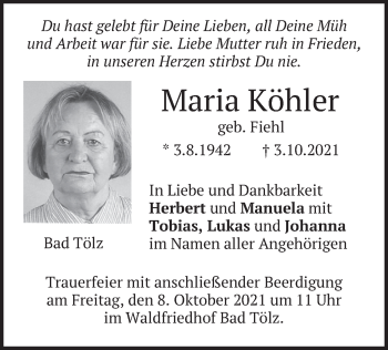 Traueranzeige von Maria Köhler von merkurtz
