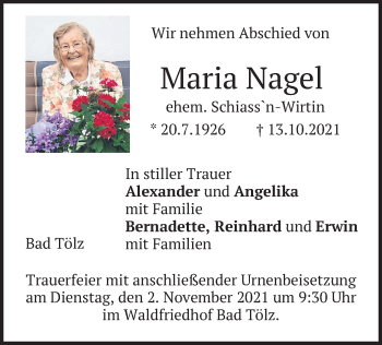 Traueranzeige von Maria Nagel von merkurtz