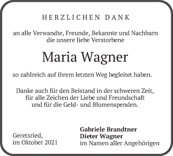 Traueranzeige von Maria Wagner von merkurtz