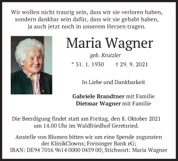 Traueranzeige von Maria Wagner von merkurtz