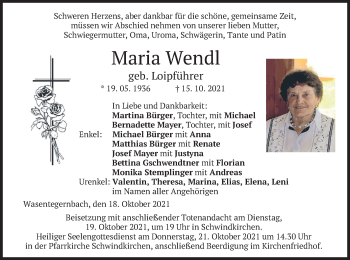Traueranzeige von Maria Wendl von merkurtz