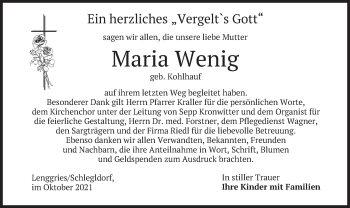 Traueranzeige von Maria Wenig von merkurtz