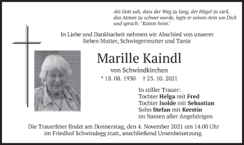 Traueranzeige von Marille Kaindl von merkurtz