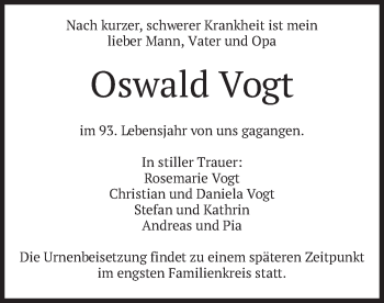 Traueranzeige von Oswald Vogt von merkurtz