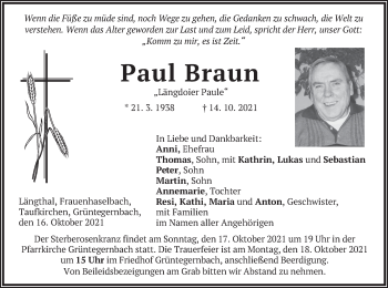 Traueranzeige von Paul Braun von merkurtz
