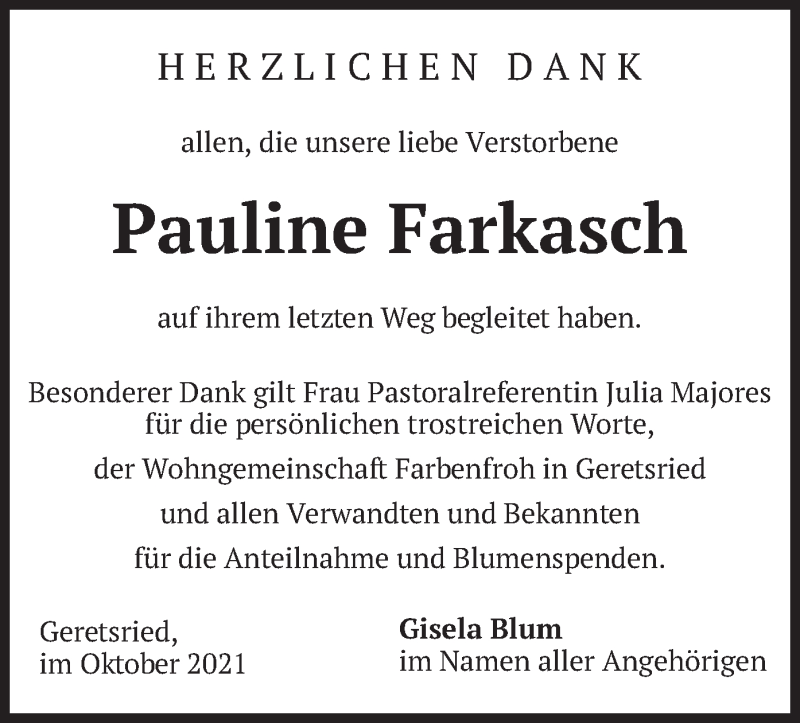  Traueranzeige für Pauline Farkasch vom 16.10.2021 aus merkurtz