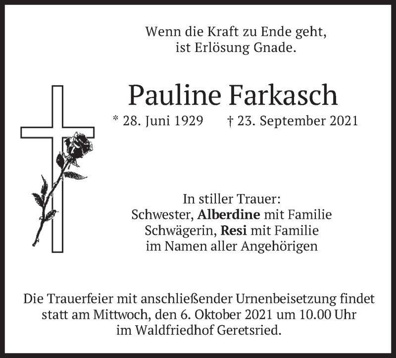  Traueranzeige für Pauline Farkasch vom 02.10.2021 aus merkurtz