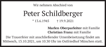Traueranzeige von Peter Schildberger von merkurtz