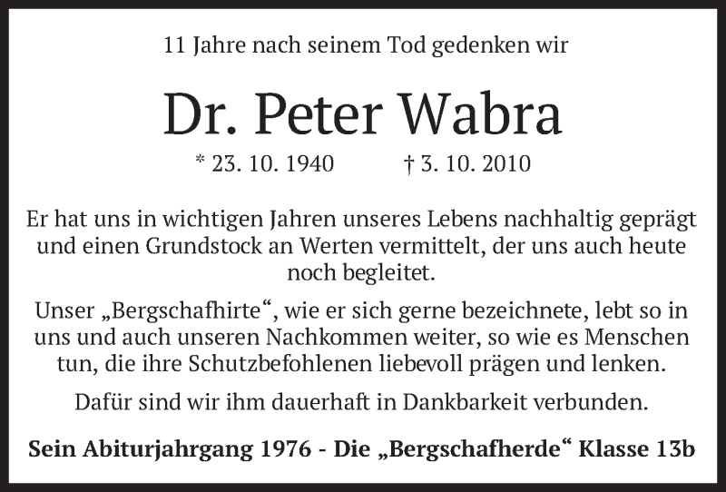  Traueranzeige für Peter Wabra vom 02.10.2021 aus merkurtz