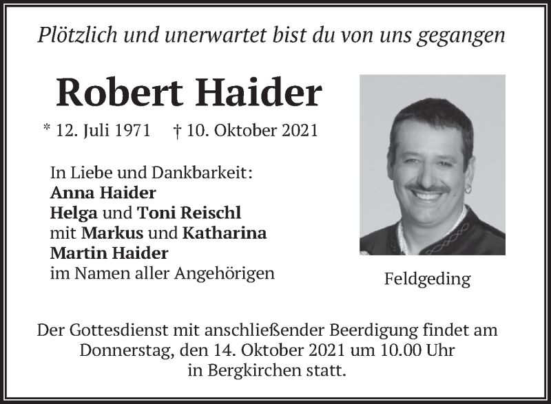  Traueranzeige für Robert Haider vom 12.10.2021 aus merkurtz