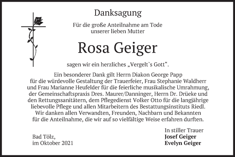  Traueranzeige für Rosa Geiger vom 23.10.2021 aus merkurtz
