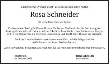 Traueranzeige von Rosa Schneider von merkurtz