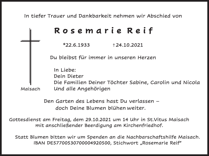  Traueranzeige für Rosemarie Reif vom 28.10.2021 aus merkurtz