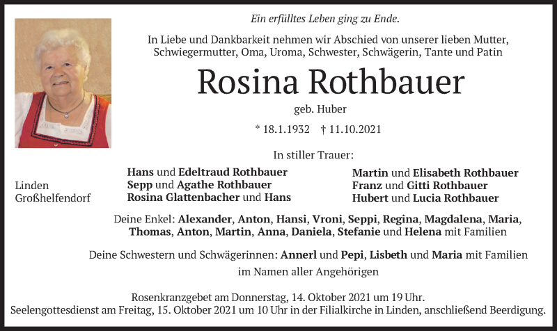  Traueranzeige für Rosina Rothbauer vom 13.10.2021 aus merkurtz