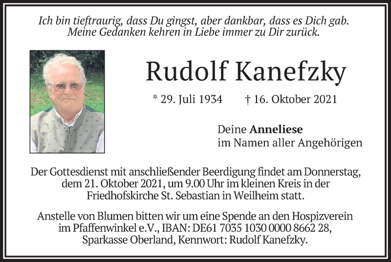  Traueranzeige für Rudolf Kanefzky vom 19.10.2021 aus merkurtz