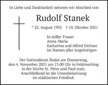 Traueranzeige von Rudolf Stanek