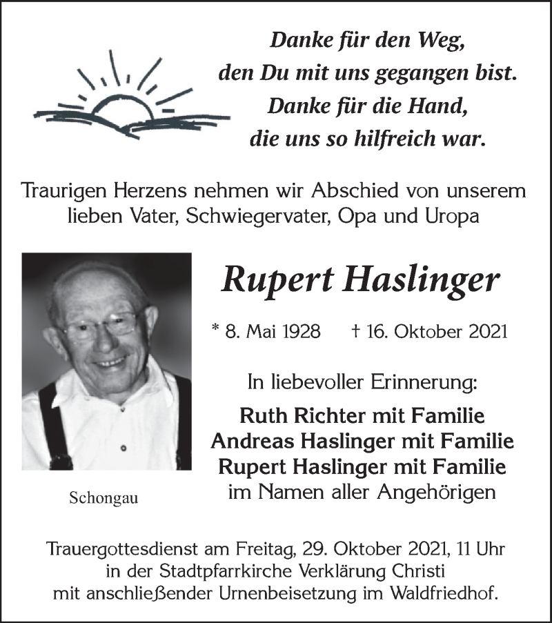  Traueranzeige für Rupert Haslinger vom 25.10.2021 aus merkurtz