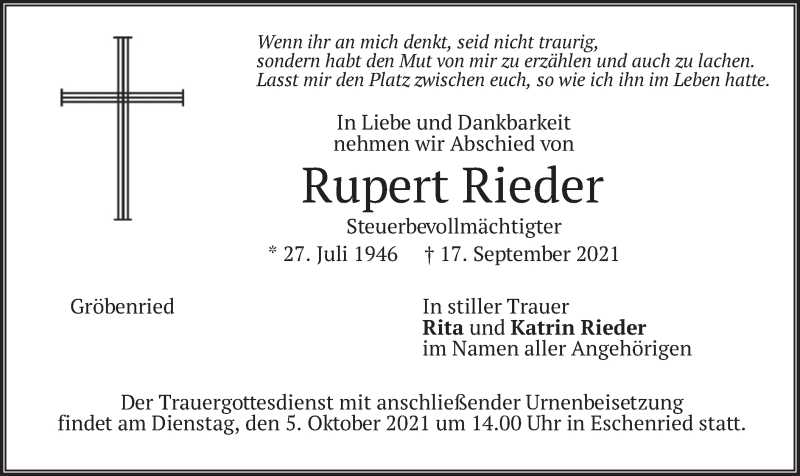  Traueranzeige für Rupert Rieder vom 02.10.2021 aus merkurtz