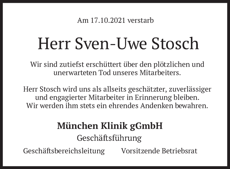  Traueranzeige für Sven-Uwe Stosch vom 20.10.2021 aus merkurtz