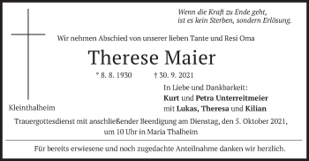 Traueranzeige von Therese Maier von merkurtz