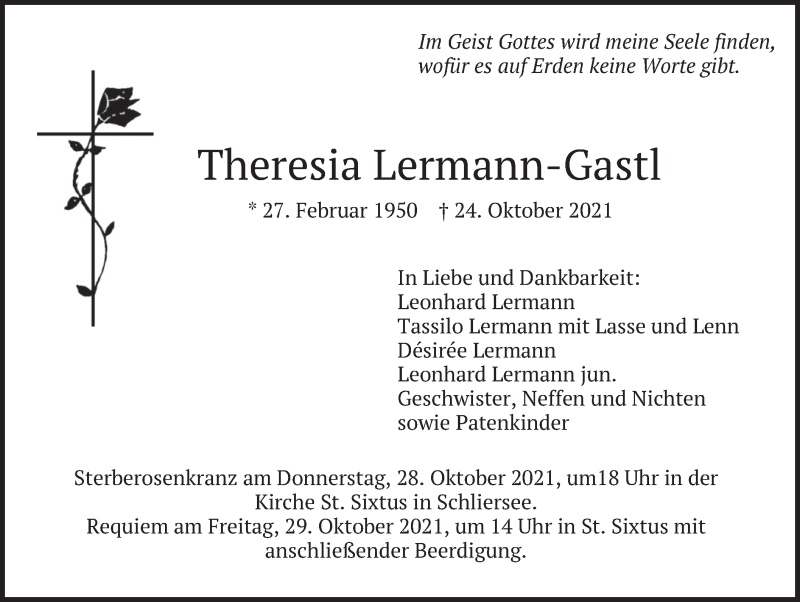  Traueranzeige für Theresia Lermann-Gastl vom 27.10.2021 aus merkurtz