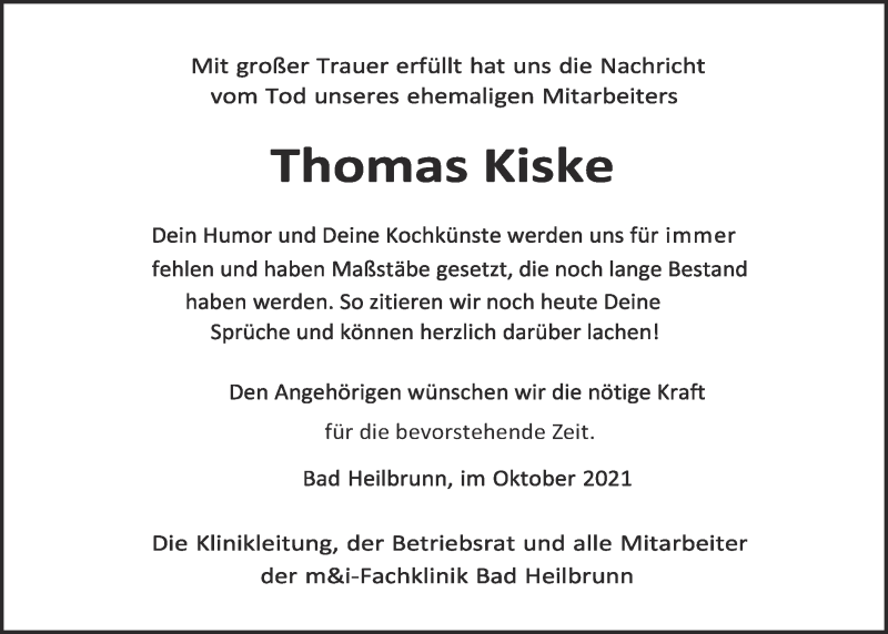  Traueranzeige für Thomas Kiske vom 06.10.2021 aus merkurtz