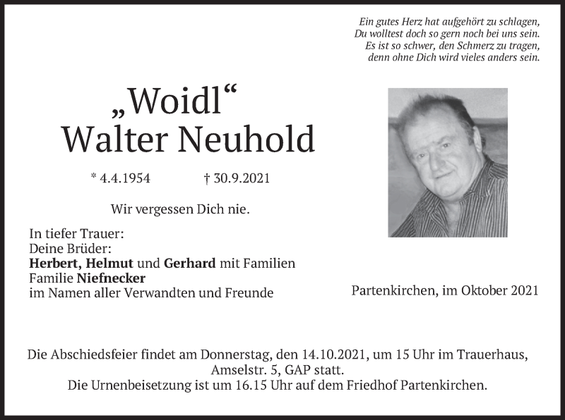  Traueranzeige für Walter Neuhold vom 09.10.2021 aus merkurtz
