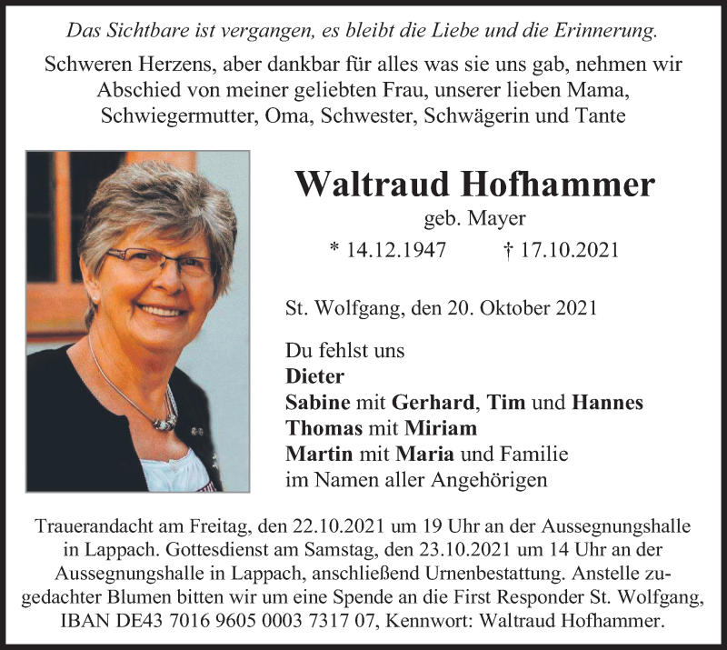  Traueranzeige für Waltraud Hofhammer vom 20.10.2021 aus merkurtz