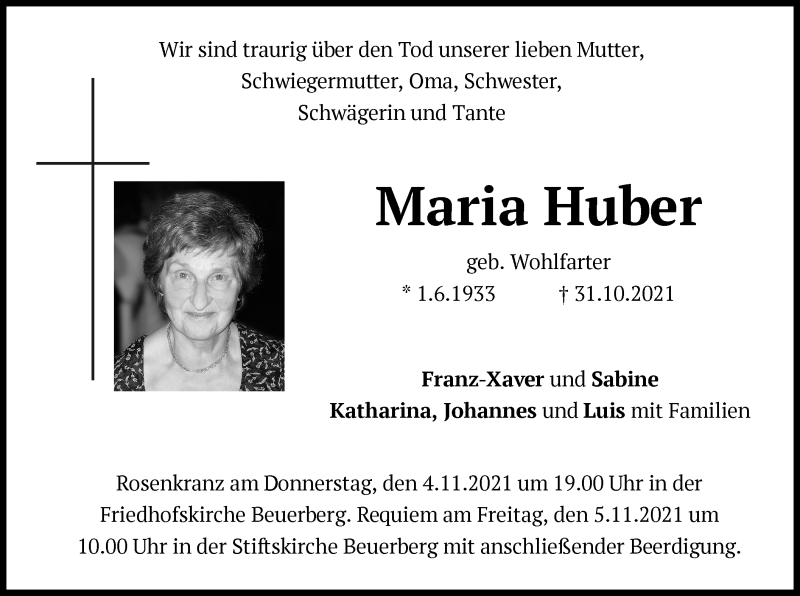  Traueranzeige für Maria Huber vom 03.11.2021 aus merkurtz