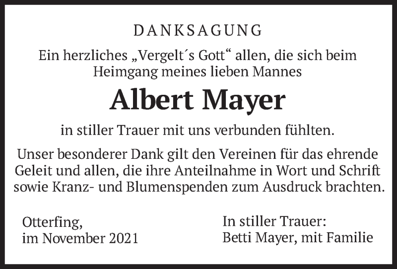  Traueranzeige für Albert Mayer vom 13.11.2021 aus merkurtz
