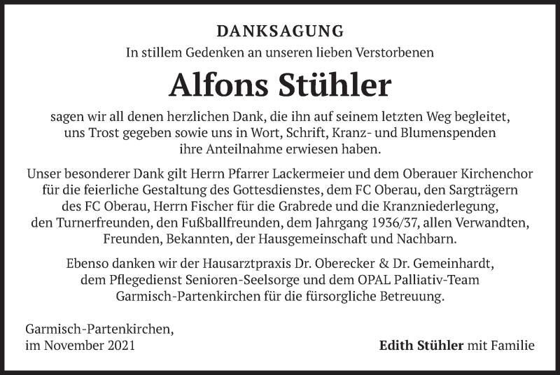  Traueranzeige für Alfons Stühler vom 06.11.2021 aus merkurtz
