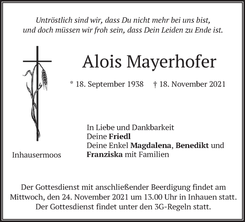  Traueranzeige für Alois Mayerhofer vom 22.11.2021 aus merkurtz