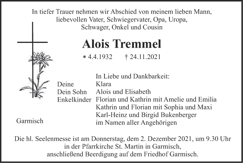 Traueranzeige für Alois Tremmel vom 27.11.2021 aus merkurtz