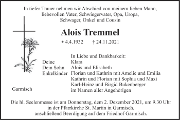Traueranzeige von Alois Tremmel von merkurtz