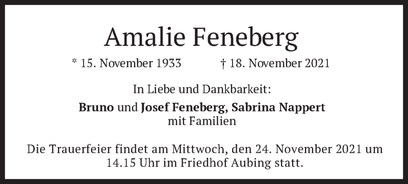  Traueranzeige für Amalie Feneberg vom 23.11.2021 aus merkurtz