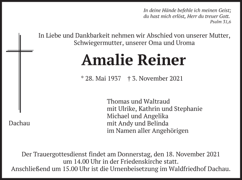  Traueranzeige für Amalie Reiner vom 11.11.2021 aus merkurtz