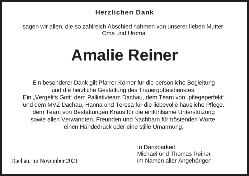  Traueranzeige für Amalie Reiner vom 27.11.2021 aus merkurtz