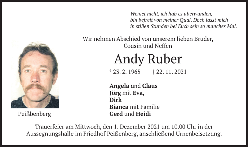  Traueranzeige für Andy Ruber vom 29.11.2021 aus merkurtz