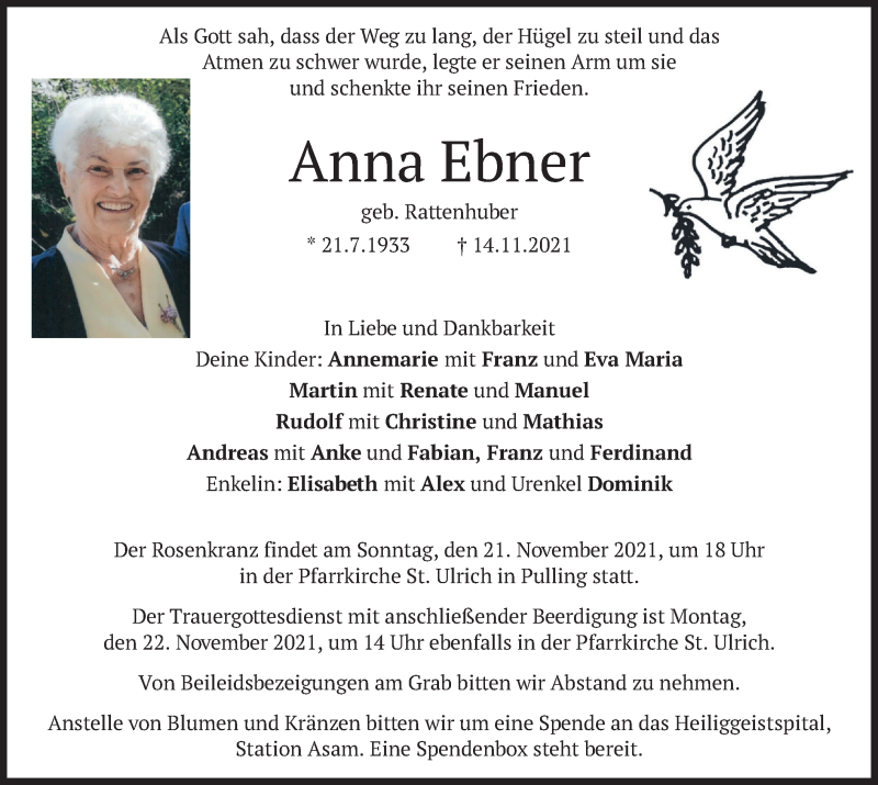  Traueranzeige für Anna Ebner vom 18.11.2021 aus merkurtz