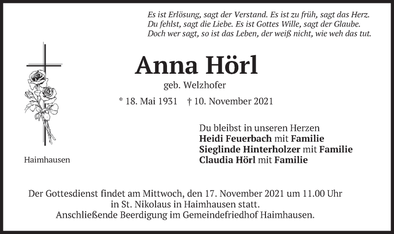  Traueranzeige für Anna Hörl vom 13.11.2021 aus merkurtz