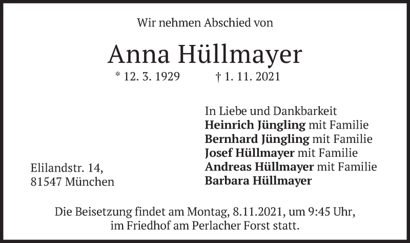  Traueranzeige für Anna Hüllmayer vom 06.11.2021 aus merkurtz