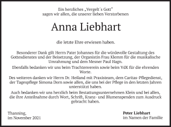 Traueranzeige von Anna Liebhart von merkurtz