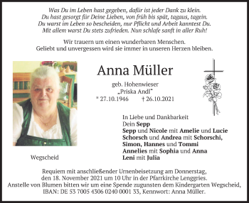 Traueranzeige von Anna Müller von merkurtz